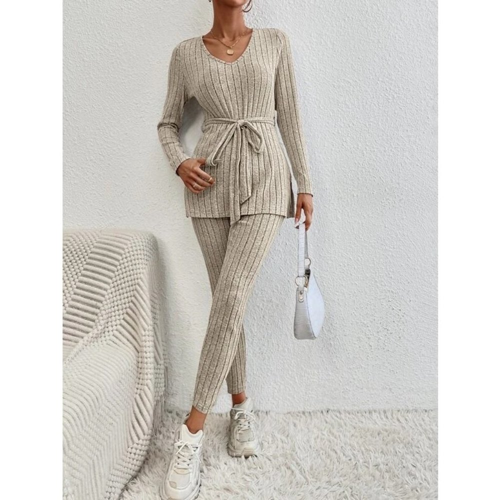 NEW Split Hem Belted Top & Leggings, 3 Piece Set S